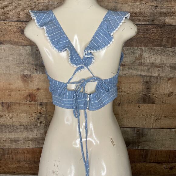 Blue Chambray Denim White Stripe Crop Top Criss Cross Tie Back Size Medium - Picture 4 of 7